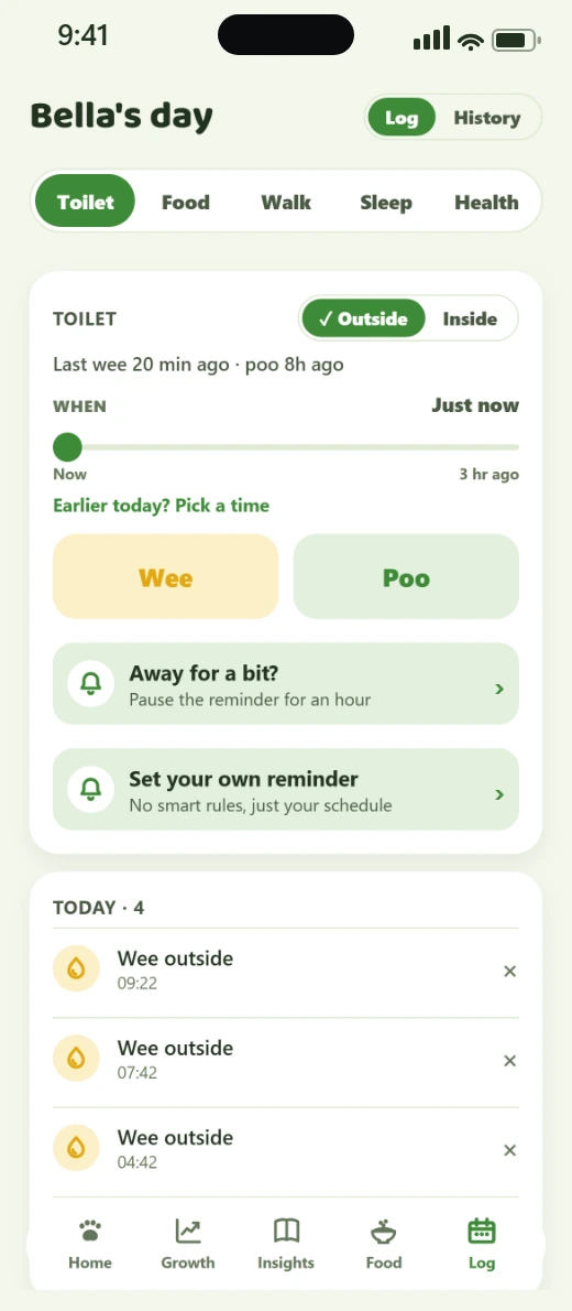 Vivlo's Log screen: one-tap Wee and Poo buttons, today's entries listed below with the time of each.